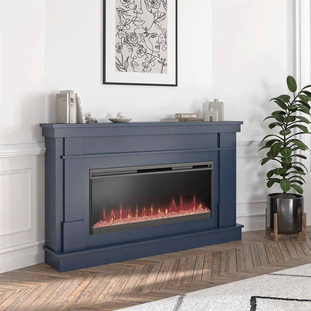 Novogratz Waverly Wide Mantel Electric Fireplace – Modern Freestanding Heater with Realistic Flame Effect