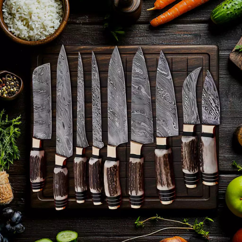 Antler Handle 9Pcs Damascus Chef Knife Set