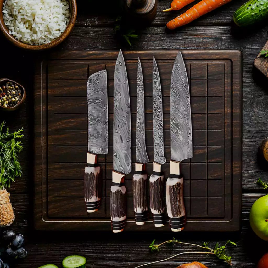 Antler Handle 9Pcs Damascus Chef Knife Set - Image 2