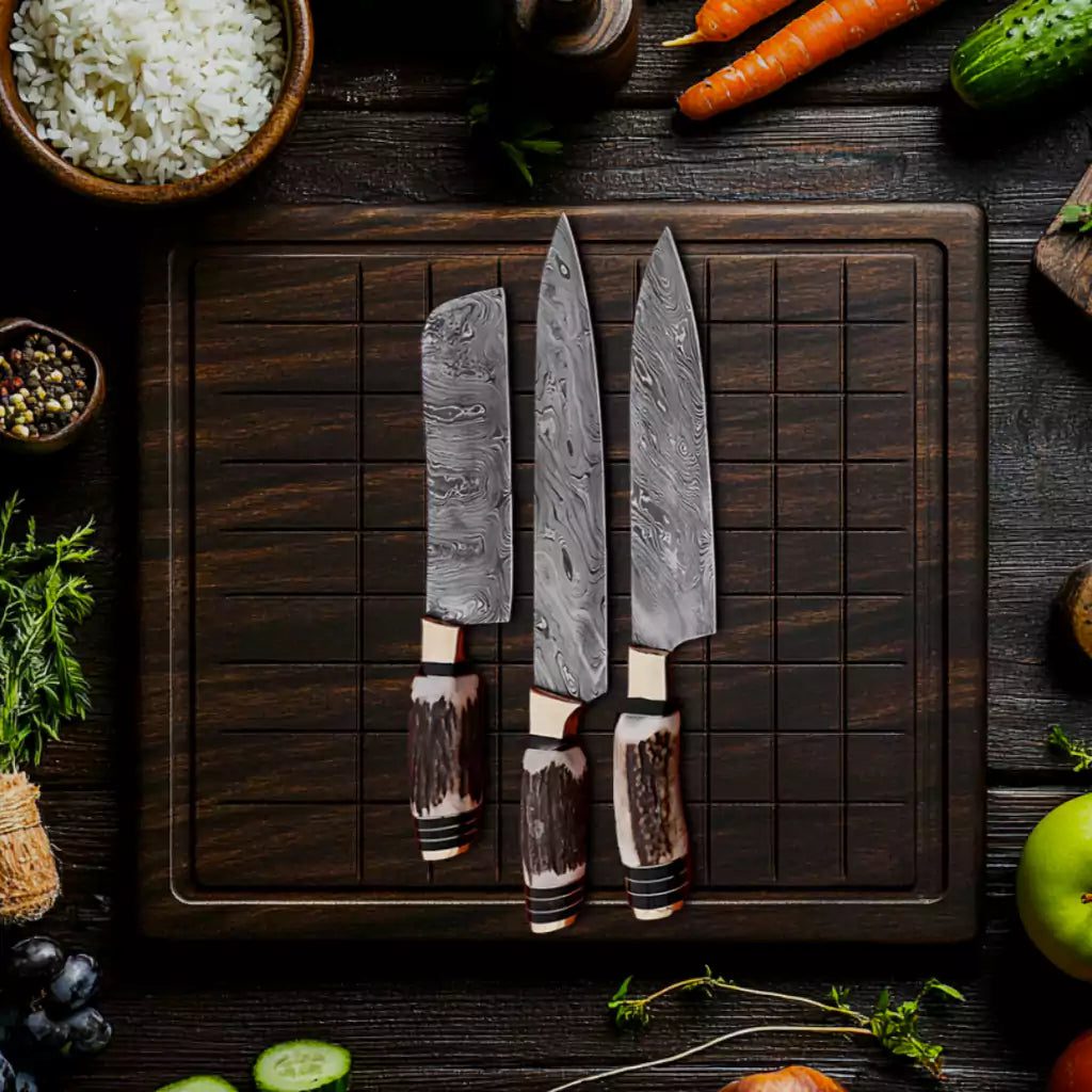 Antler Handle 9Pcs Damascus Chef Knife Set - Image 3