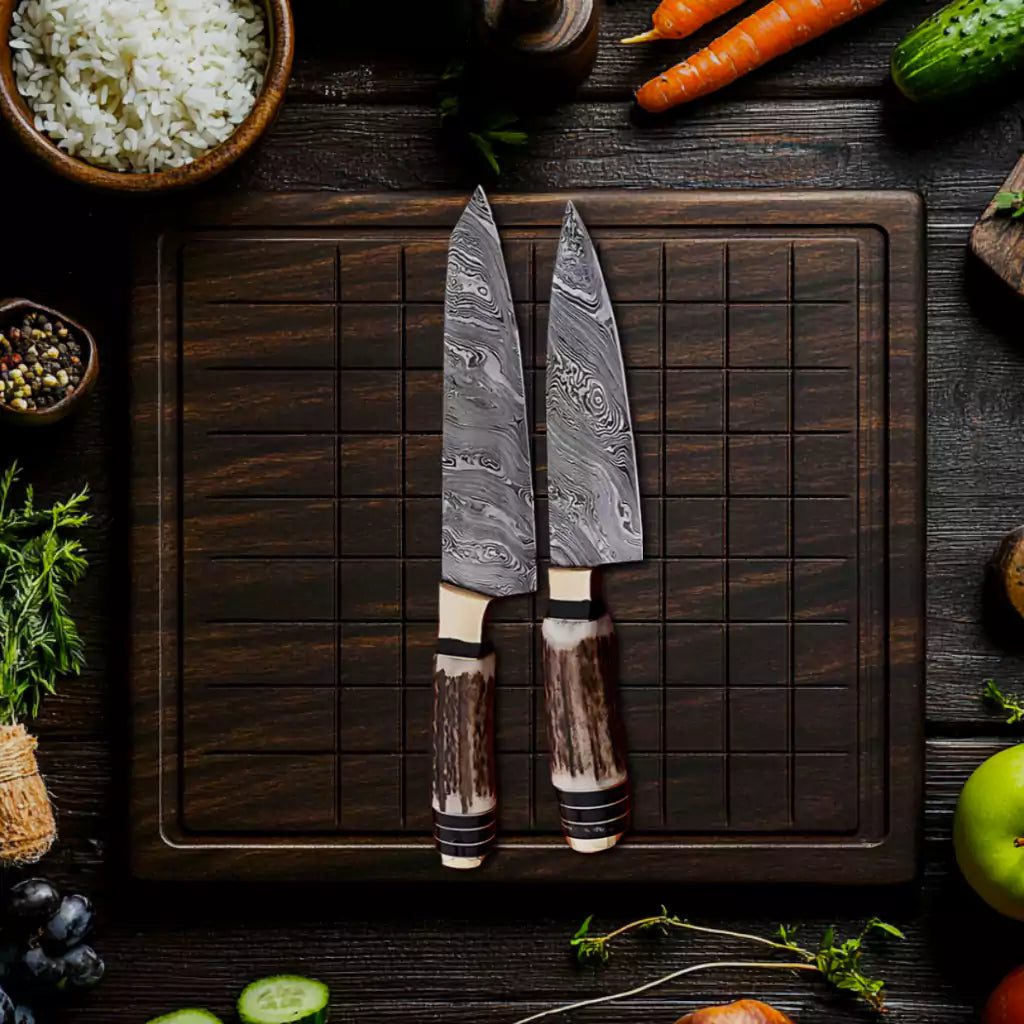 Antler Handle 9Pcs Damascus Chef Knife Set - Image 5