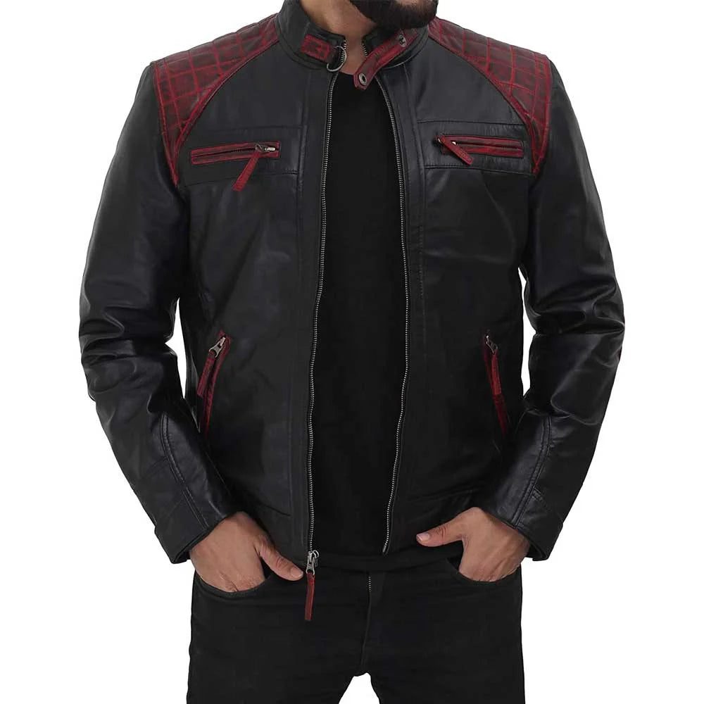 Rollins Black and Maroon Lambskin Leather Moto Biker Jacket Men