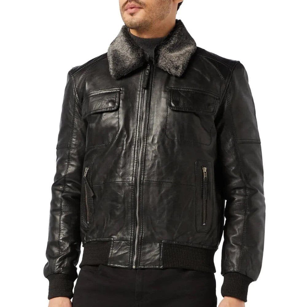 Men’s Black Leather Bomber Jacket with Fur Collar/Gloria Leather