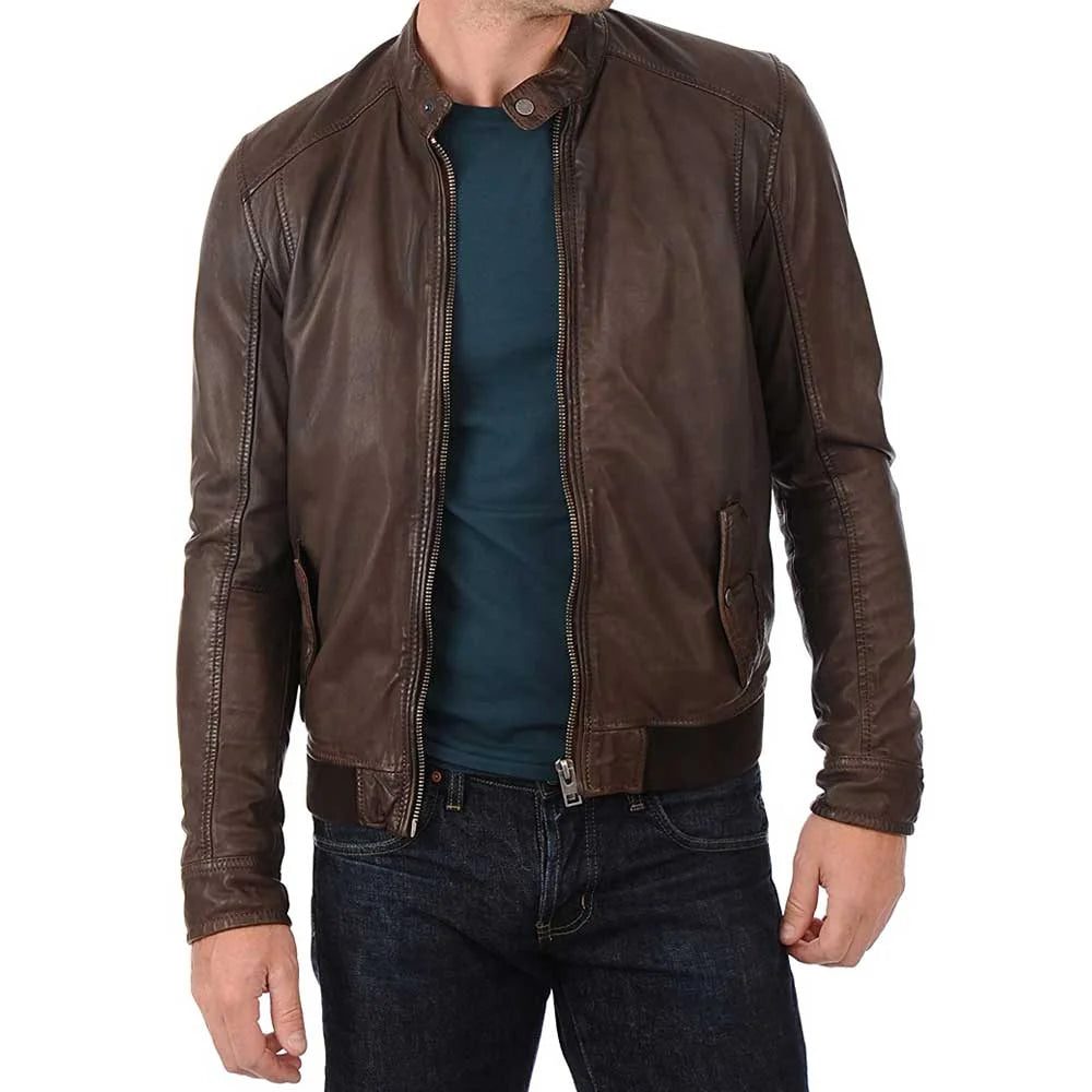 John Hunter Men’s Brown Lambskin Leather Bomber Motorcycle Jacket