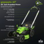 Greenworks 60V 25″ Cordless Brushless Self-Propelled Mower + Two (2) 4.0Ah Batteries & Dual Port Charger