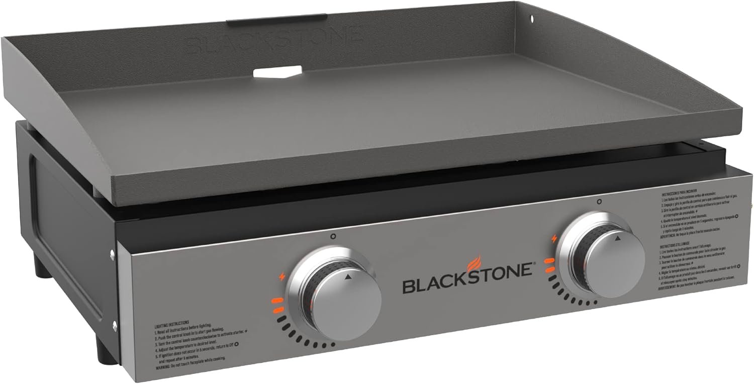 Blackstone 22″ Portable Tabletop Griddle – Dual Burner Flat Top Grill, 24,000 BTU Propane with Stainless Steel Faceplate & Rear Grease System
