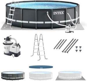 Intex Ultra XTR Frame 14′ x 42″ Round Above Ground Outdoor Swimming Pool Set with Sand Filter Pump, Ladder, Ground Cloth, and Pool Cover