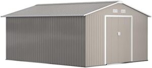Outsunny 11′ x 13′ Outdoor Storage Shed, Garden Tool Metal Shed with Foundation Kit, Double Lockable Door, Air Vents and Sloping Roof, for Backyard, Patio, Lawn, Light Gray