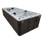 Canadian Spa Co 17 – Person 73 – Jet Acrylic Rectangular Hot Tub with Ozonator and Built-In Speaker in Sterling Silver, Walnut