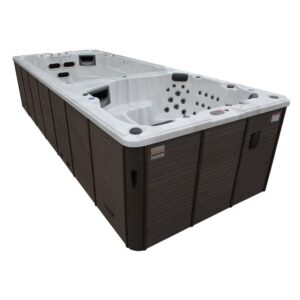 Canadian Spa Co 17 – Person 73 – Jet Acrylic Rectangular Hot Tub with Ozonator and Built-In Speaker in Sterling Silver, Walnut