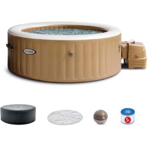 Intex: PureSpa: Sahara Tan Inflatable Hot Tub Set – 6 Person – 85″ Round Outdoor Heated Bubble Spa, Jet Massage, Cover, Hard Water Treatment System