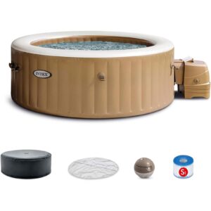 Intex: PureSpa: Sahara Tan Inflatable Hot Tub Set – 6 Person – 85″ Round Outdoor Heated Bubble Spa, Jet Massage, Cover, Hard Water Treatment System