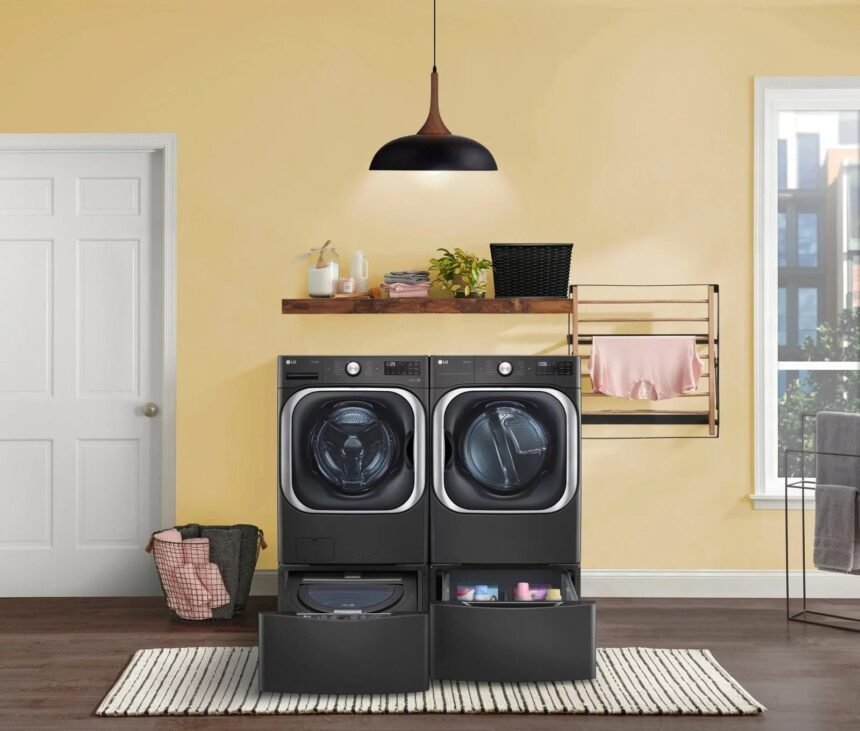 LG – SideKick 1.0 Cu. Ft. High-Efficiency Smart Top Load Pedestal Washer with 3-Motion Technology – Black steel - Image 2