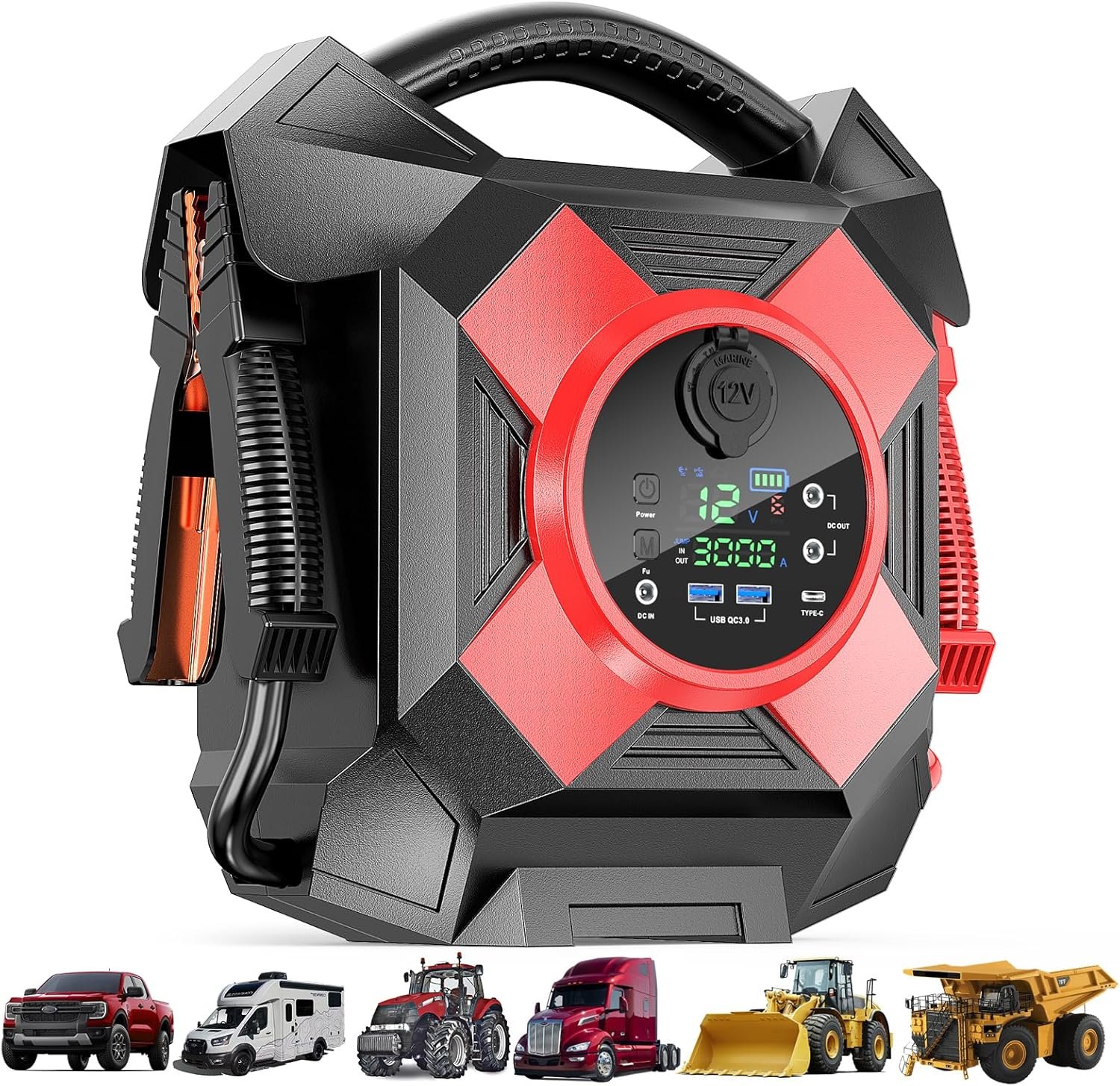 DM1264 Heavy Duty Jump Starter, 12V 30000A Peak, Lithium Battery Booster Pack, Portable Jump Starter for Heavy Vehicles, -40°F Instant Start, Suitable for Diesel and Gasoline Engines up to 50L, Semi Truck Class 8