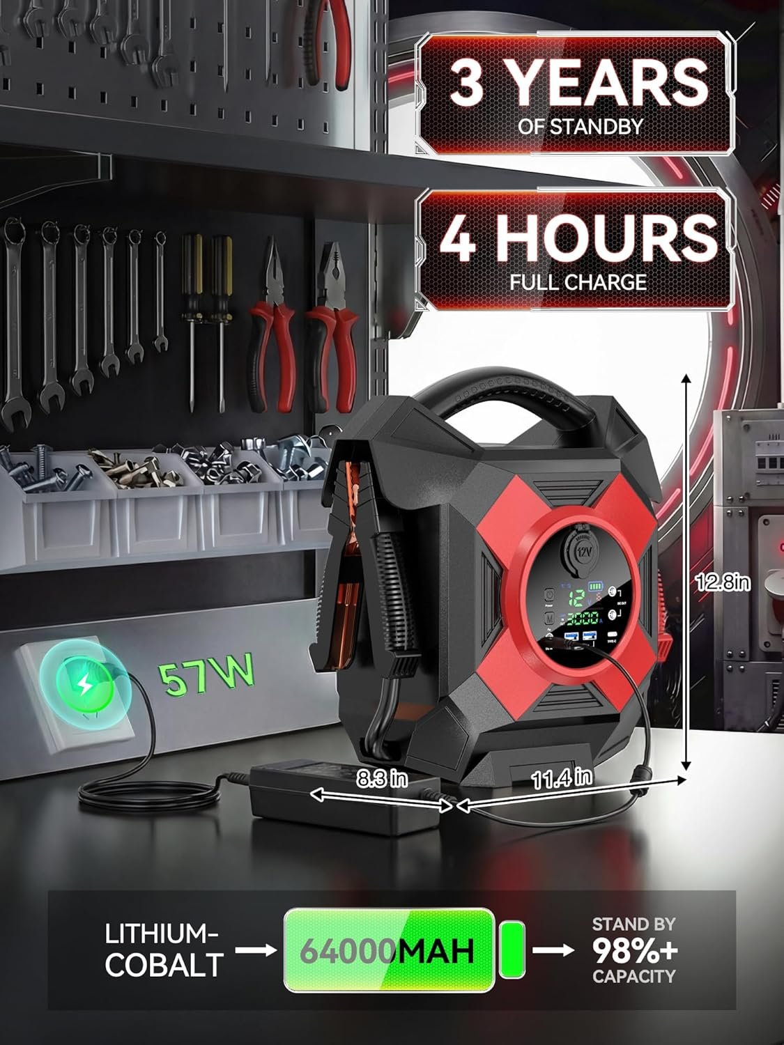 DM1264 Heavy Duty Jump Starter, 12V 30000A Peak, Lithium Battery Booster Pack, Portable Jump Starter for Heavy Vehicles, -40°F Instant Start, Suitable for Diesel and Gasoline Engines up to 50L, Semi Truck Class 8 - Image 4