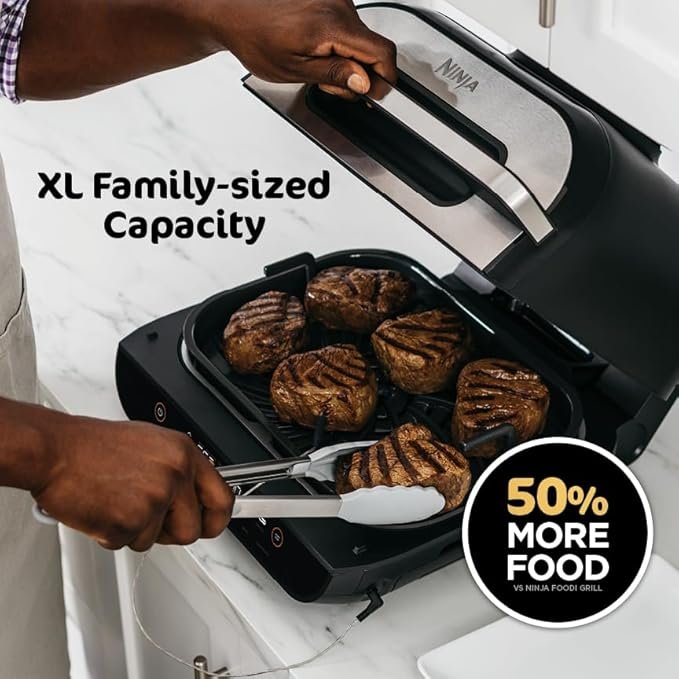 Ninja | Indoor Grill and Air Fryer| Foodi Smart XL | 6-in-1 Grill, Air Fry, Roast, Bake, Broil, Dehydrate & Crisp |Smart Thermometer & Splatter Shield | Dishwasher Safe Parts | Black/Silver | FG551 - Image 2