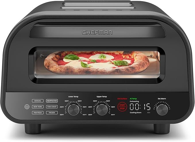 CHEFMAN Indoor Pizza Oven – Makes 12 Inch Pizzas in Minutes, Heats up to 800°F – Countertop Electric Maker with 5 Touchscreen Presets, Pizza Stone and Peel Included – Stainless Black
