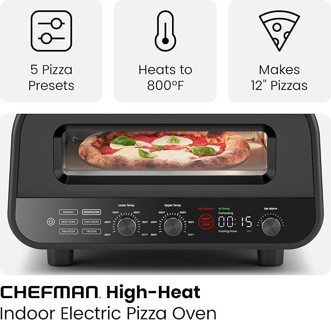 CHEFMAN Indoor Pizza Oven – Makes 12 Inch Pizzas in Minutes, Heats up to 800°F – Countertop Electric Maker with 5 Touchscreen Presets, Pizza Stone and Peel Included – Stainless Black - Image 3