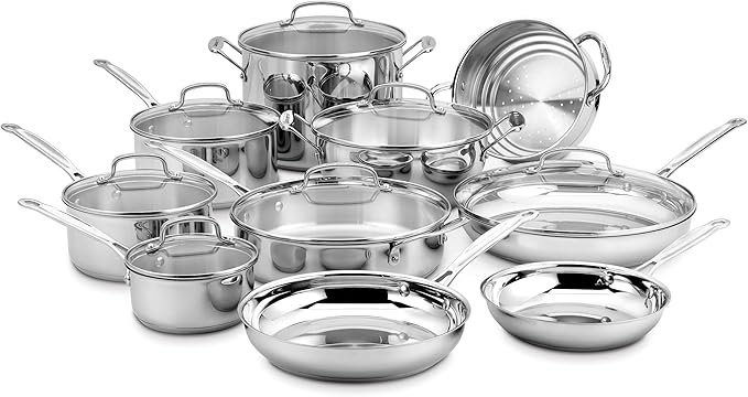 Cuisinart 17-Piece Stainless Steel Cookware Set, Chef’s Classic Steel Collection with Pure Aluminum Core for Quick and Even Heat, Cool Grip Handles, Dishwasher Safe, 77-17N
