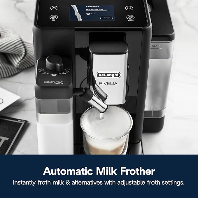 De’Longhi Rivelia Automatic Espresso Machine with Grinder & Milk Frother – All-in-One Coffee Maker, Hot & Iced Latte, Cappuccino, Bean Switch System, Burr Grinder, Compact Italian Design, Black - Image 2