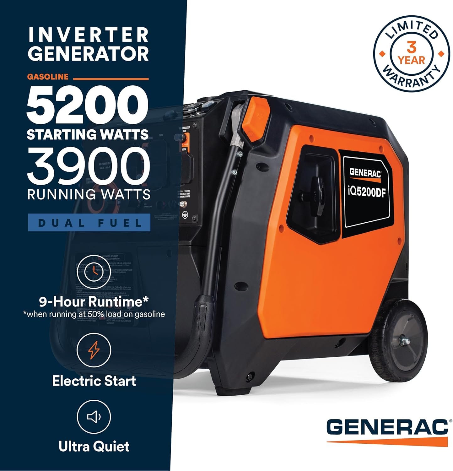 Generac 3,300-Watt Gas Powered Portable Inverter Generator – Lightweight and Compact - Image 3