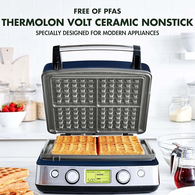 GreenPan Elite 4-Square Belgian & Classic Waffle Maker,Healthy Ceramic Nonstick Dishwasher Safe Plates, Adjustable Shade/Crunch Control, Wont Overflow, Easy Cleanup Breakfast, PFAS-Free, White - Image 3