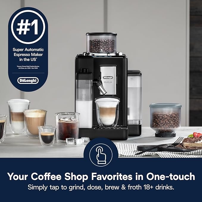 De’Longhi Rivelia Automatic Espresso Machine with Grinder & Milk Frother – All-in-One Coffee Maker, Hot & Iced Latte, Cappuccino, Bean Switch System, Burr Grinder, Compact Italian Design, Black - Image 4