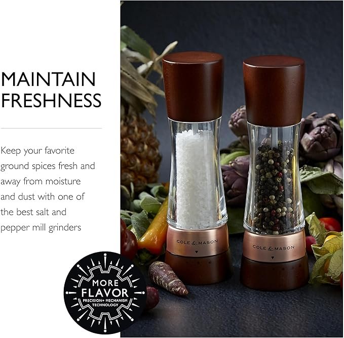 Cole & Mason Derwent Salt & Pepper Mill Gift Set – Salt & Pepper Shaker & Grinder with Adjustable Coarseness – Gourmet Precision Mill Set – Stainless Steel & Acrylic Grinders – Rose Gold - Image 2
