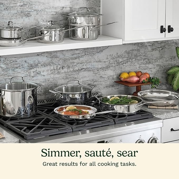 Cuisinart 17-Piece Stainless Steel Cookware Set, Chef’s Classic Steel Collection with Pure Aluminum Core for Quick and Even Heat, Cool Grip Handles, Dishwasher Safe, 77-17N - Image 2