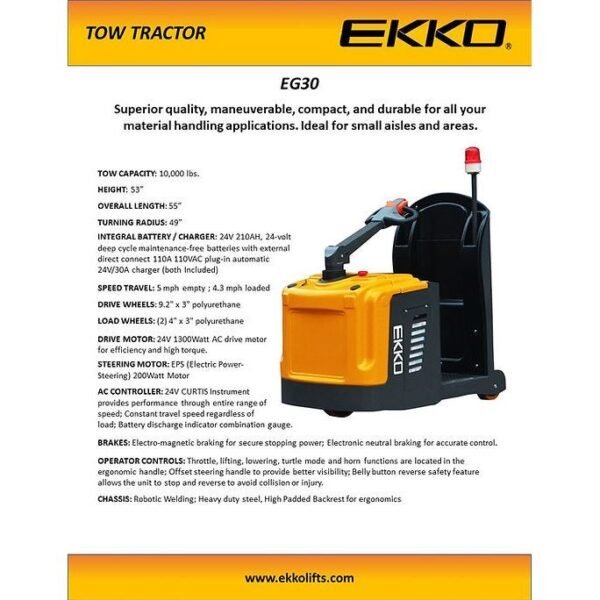 Electric Tow Tractor | 10,000 lbs Capacity | Height 53” | EKKO EG30 - Image 2