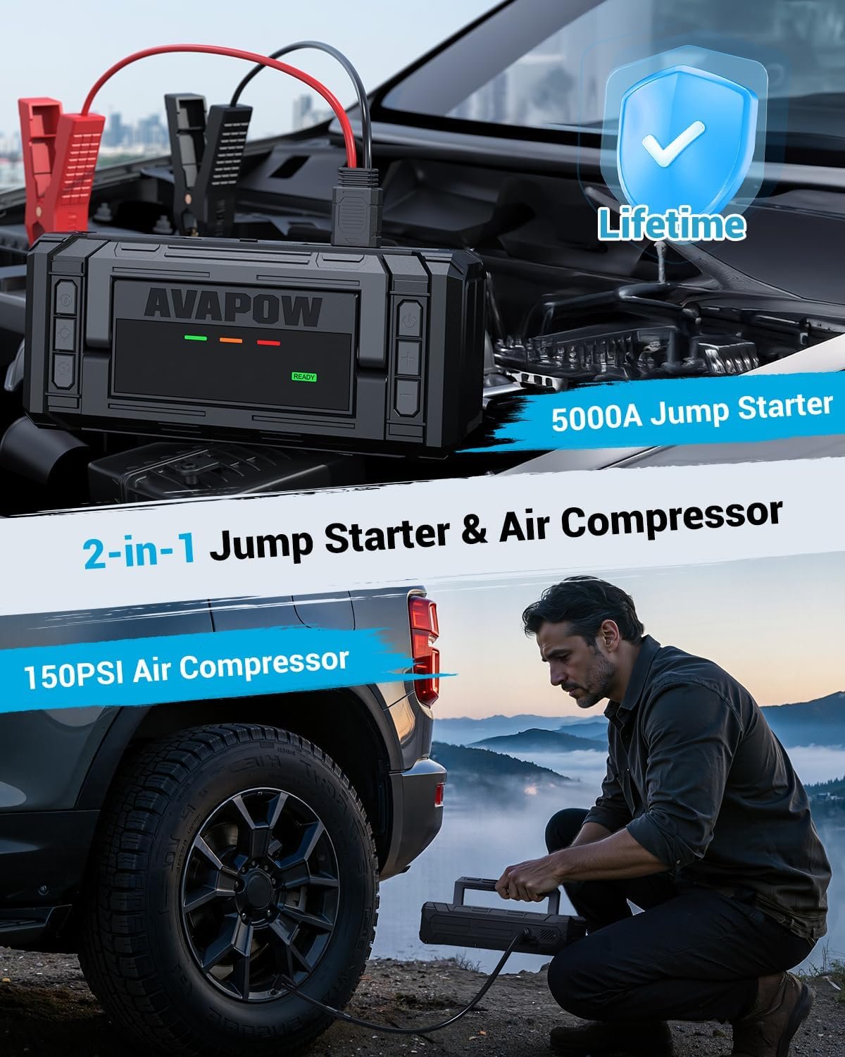 AVAPOW Jump Starter with Air Compressor, 5000A 150PSI Car Battery Jump Starter Portable with 4″ HD Display 12V Jump Box & Battery Booster (8L Gas/8L Diesel) with Auto-Shutoff Tire Inflator - Image 9