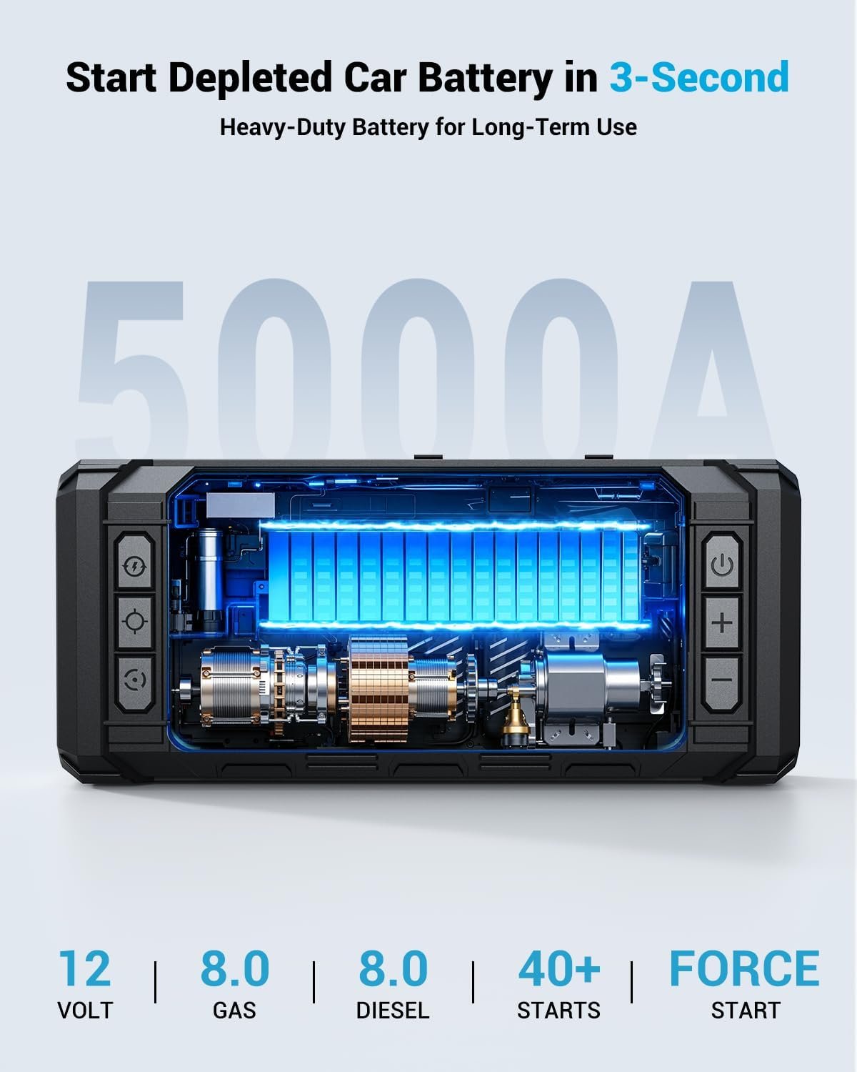 AVAPOW Jump Starter with Air Compressor, 5000A 150PSI Car Battery Jump Starter Portable with 4″ HD Display 12V Jump Box & Battery Booster (8L Gas/8L Diesel) with Auto-Shutoff Tire Inflator - Image 8