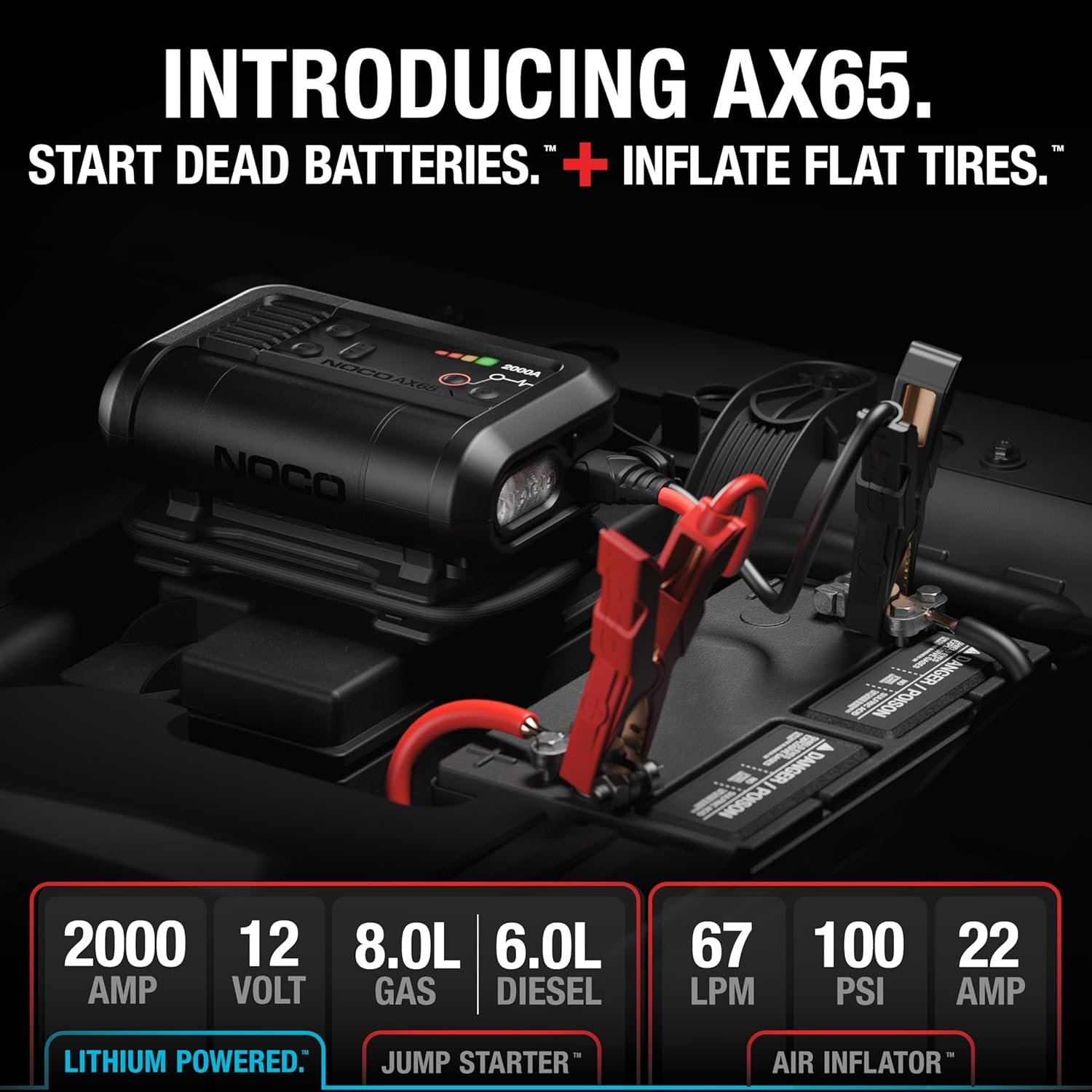 NOCO Boost+Air AX65: 2000A Jump Starter with Air Compressor Tire Inflator, Starts 8.0L Gas & 6.0L Diesel, 67 SLPM Airflow Inflates 0–40 PSI in 2 Minutes - Image 6