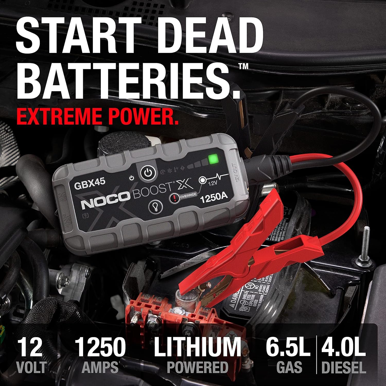 NOCO Boost X GBX45: 1250A UltraSafe Jump Starter, 12V Lithium Battery Booster Pack, Portable Jump Box, Power Bank & Jumper Cables, for 6.5L Gas and 4.0L Diesel Engines - Image 6
