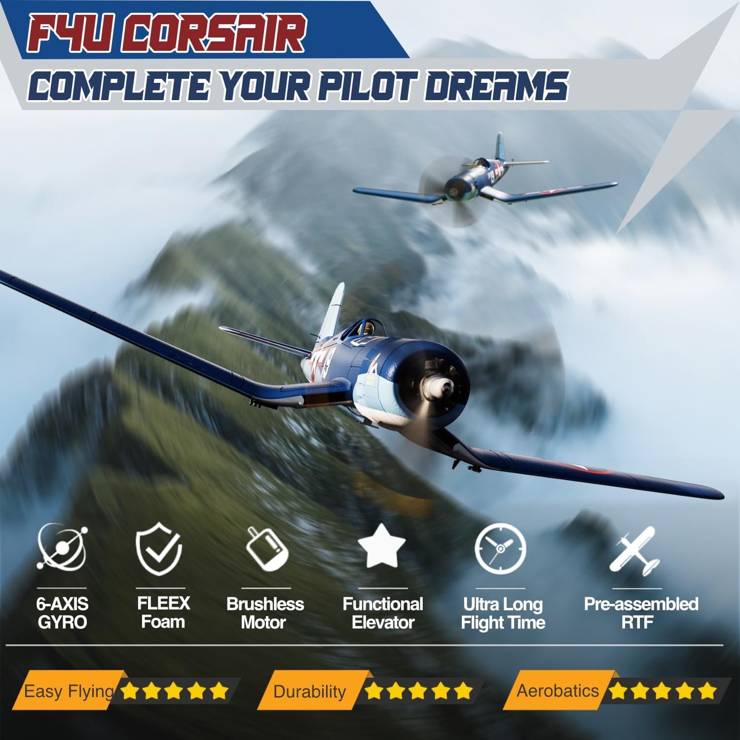 LEAMBE Brushless 4 Channel RC Plane F4U Corsair 500mm Remote Control Airplane Fighter RTF with 6-Axis Gyro, 3 Modes & Aerobatics for Beginners & Adults - Image 5