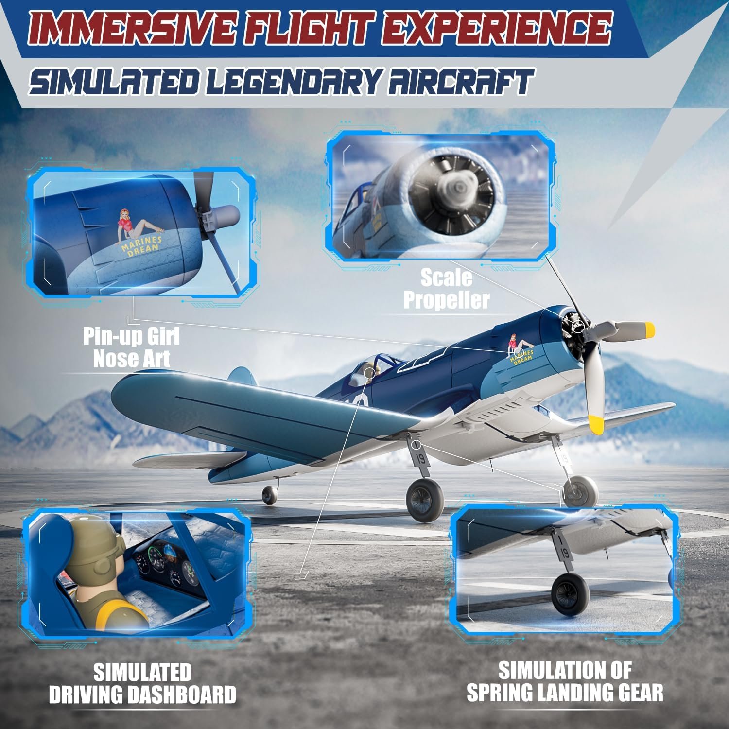 LEAMBE Brushless 4 Channel RC Plane F4U Corsair 500mm Remote Control Airplane Fighter RTF with 6-Axis Gyro, 3 Modes & Aerobatics for Beginners & Adults - Image 3