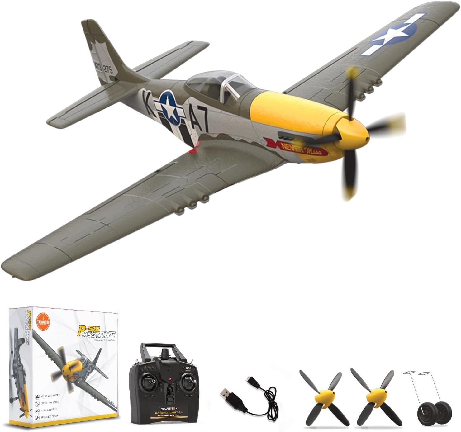 LEAMBE Brushless 4 Channel RC Plane, Ready to Fly Aerobatic Aircraft, Easy Control for Beginners, P51 Mustang RC Airplane for Adults Green