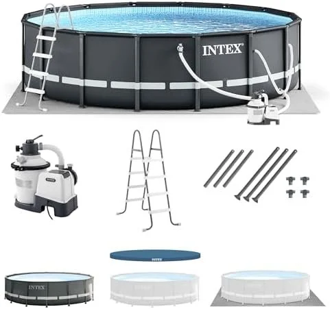 Intex Ultra XTR Frame 14′ x 42″ Round Above Ground Outdoor Swimming Pool Set with Sand Filter Pump, Ladder, Ground Cloth, and Pool Covers - Image 4