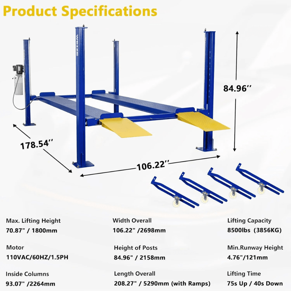 WEIZE 8500lbs 4-Post Car Lift with Caster Kits – PLA-1030 - Image 8