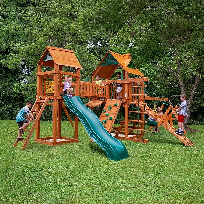 Gorilla Playsets Pioneer Peak Treehouse Wooden Swing Set with Tire Swing, and Clatter Bridge and Tower - Image 2