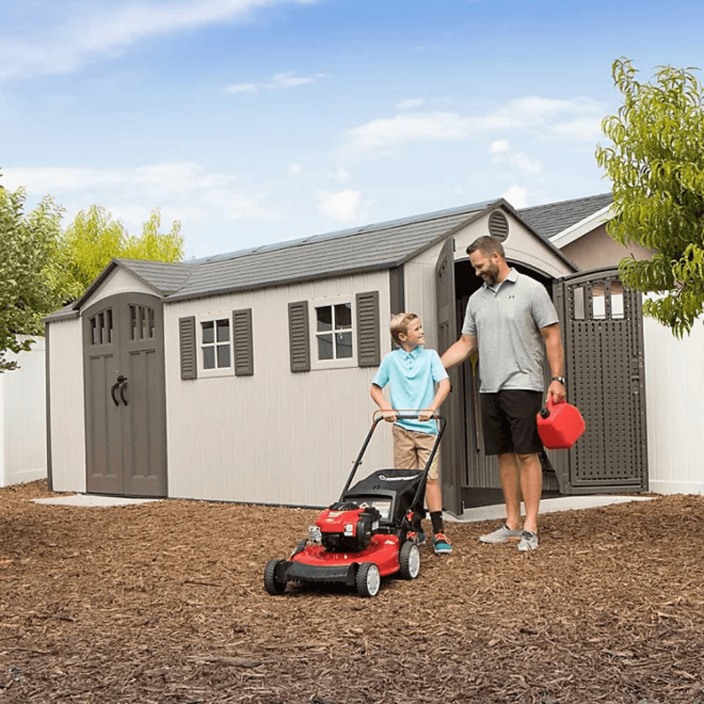 Lifetime 8′ x 17.5′ Outdoor Storage Shed Dual Entry, Tan - Image 9
