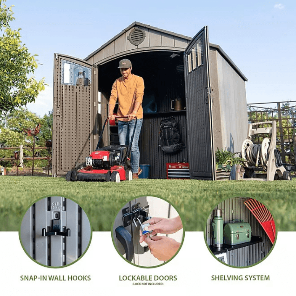 Lifetime 8’ x 7.5’ Outdoor Storage Shed, Light Brown - Image 2