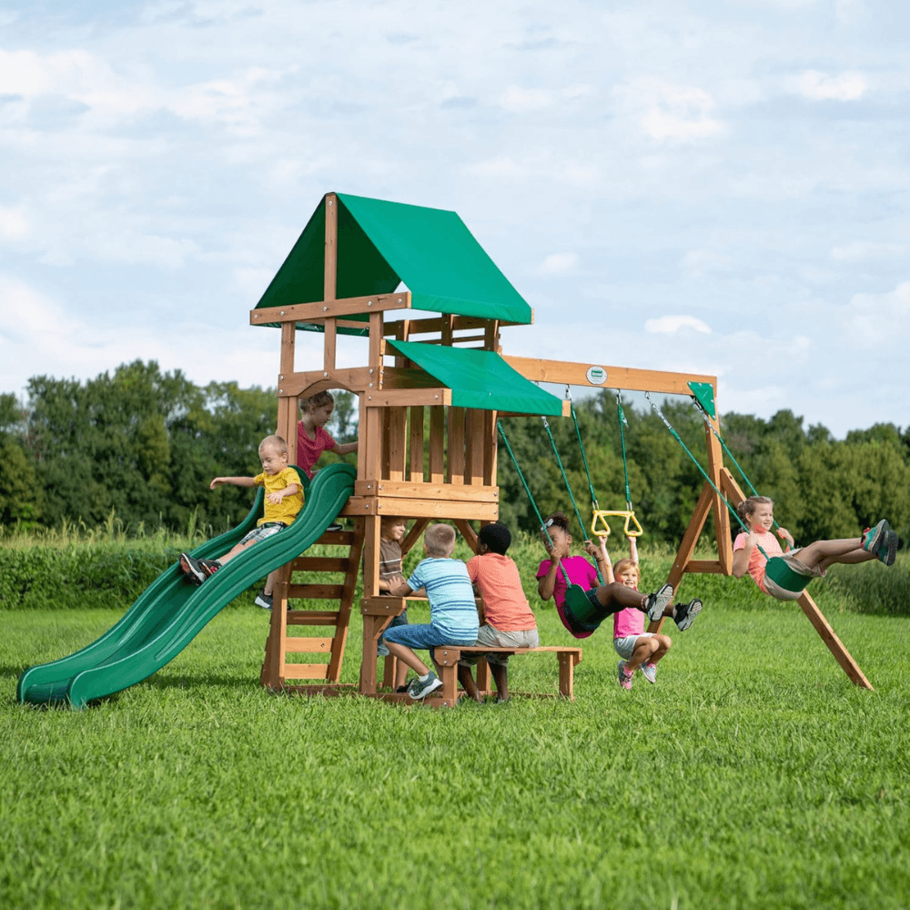 Canyon Creek All Cedar Swing Set Playset w/ Rockwall Upper Fort Belt Swings Web Swing Gray Wave Slide, and Play Kitchen - Image 8