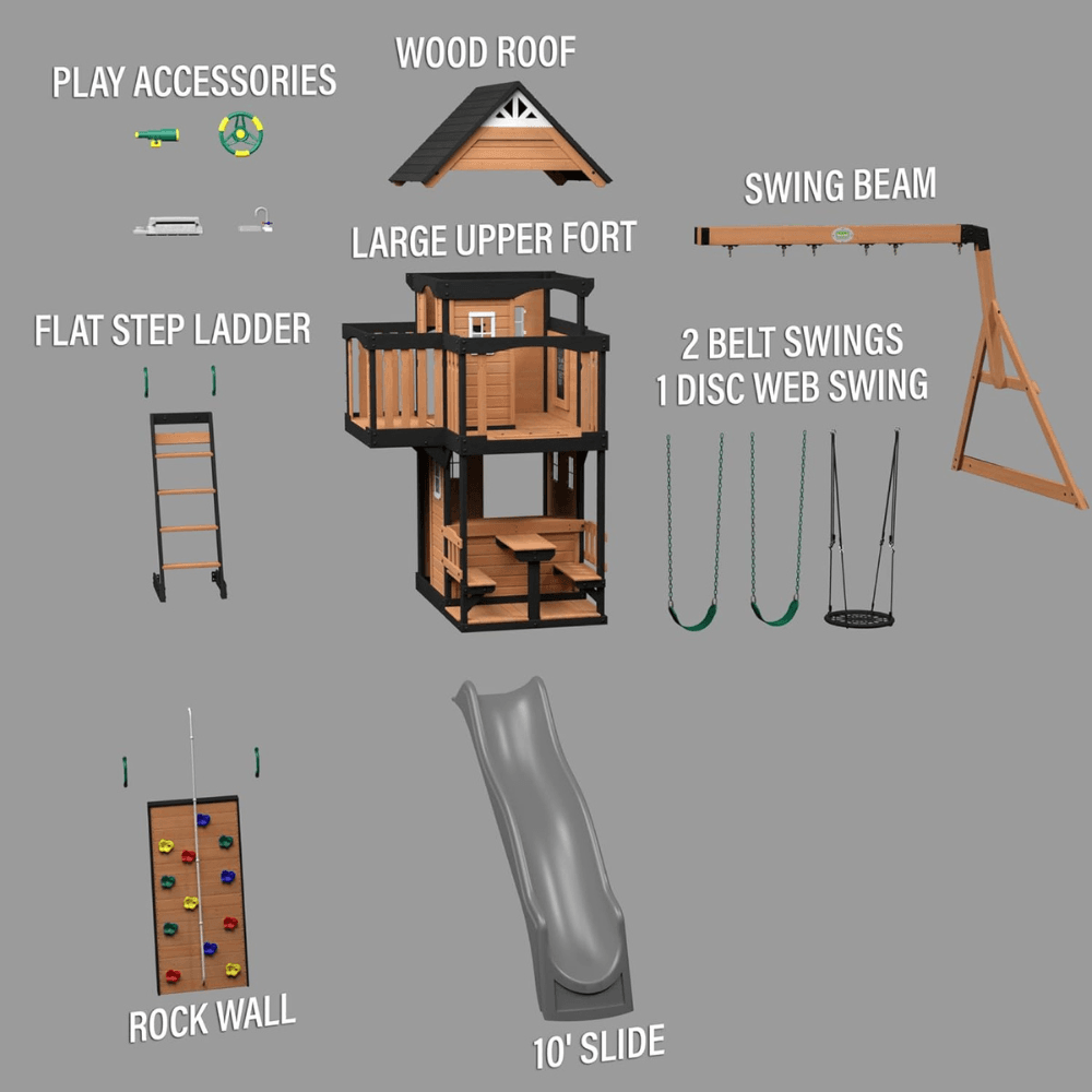 Canyon Creek All Cedar Swing Set Playset w/ Rockwall Upper Fort Belt Swings Web Swing Gray Wave Slide, and Play Kitchen - Image 3