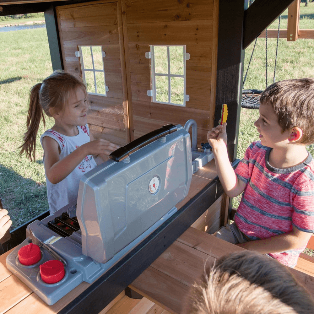 Canyon Creek All Cedar Swing Set Playset w/ Rockwall Upper Fort Belt Swings Web Swing Gray Wave Slide, and Play Kitchen - Image 7