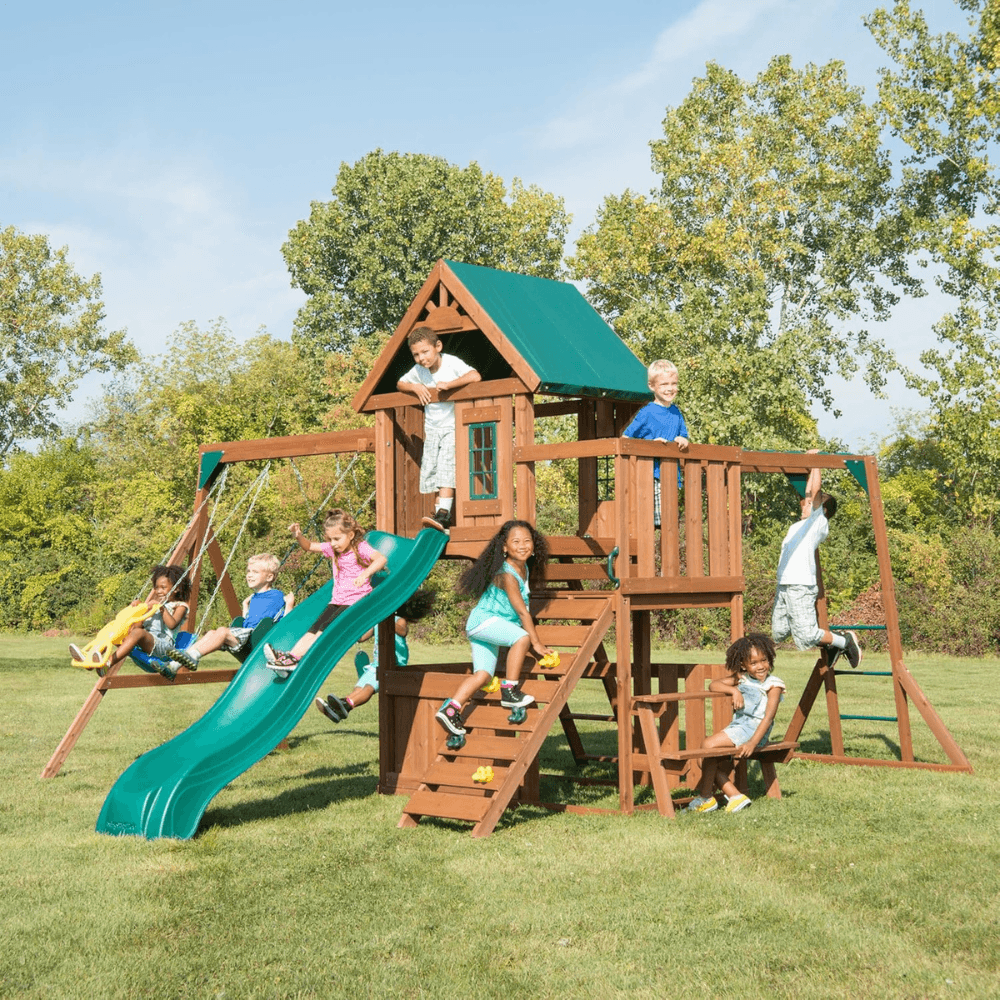 Knightsbridge Plus Complete Wooden Outdoor Playset with Monkey Bars, Slide, Rock Wall and Swing Set Accessories - Image 5
