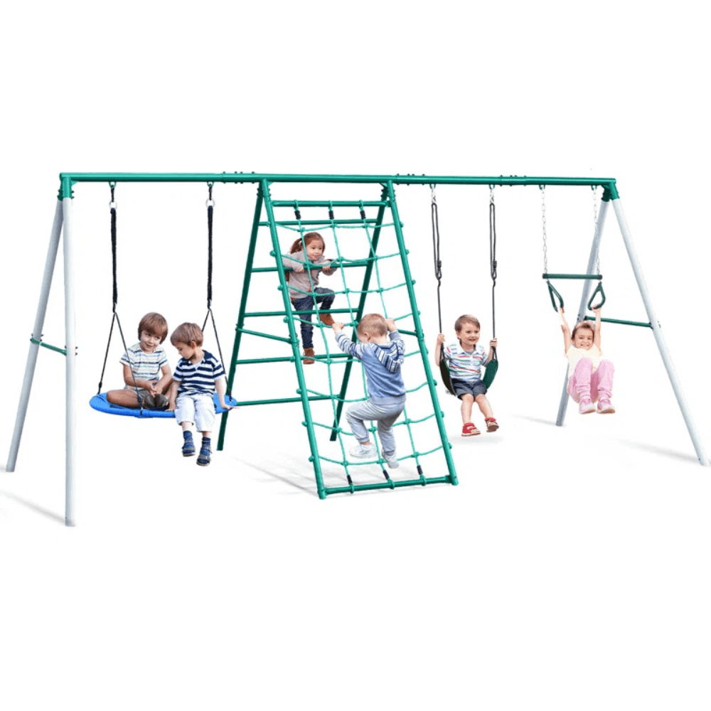 Swing Sets with Saucer Swing,Belt Swing,Trapeze Bar,Climbing Rope,Climbing Ladder - Image 5