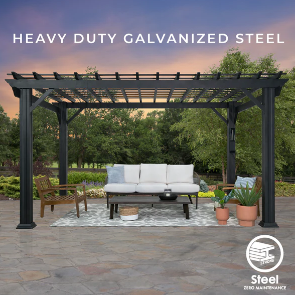 Stratford 12 Ft. X 10 Ft. Black Steel Traditional Pergola with Sail Shade Soft Canopy - Image 10