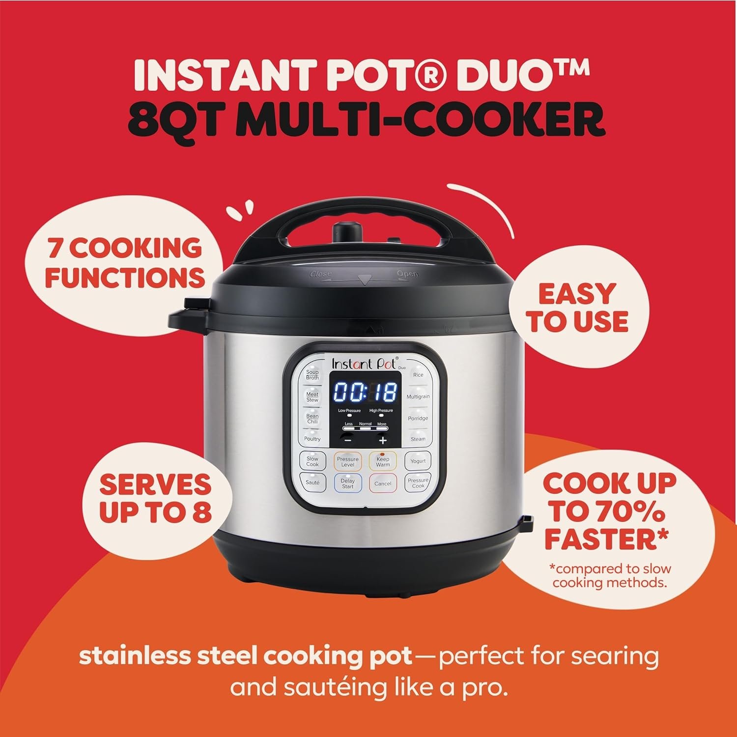 Instant Pot Duo 7-in-1 Electric Pressure Cooker, Slow Cooker, Rice Cooker, Steamer, Sauté, Yogurt Maker, Warmer and Sterilizer, Includes App with Over 800 Recipes, Stainless Steel - Image 2