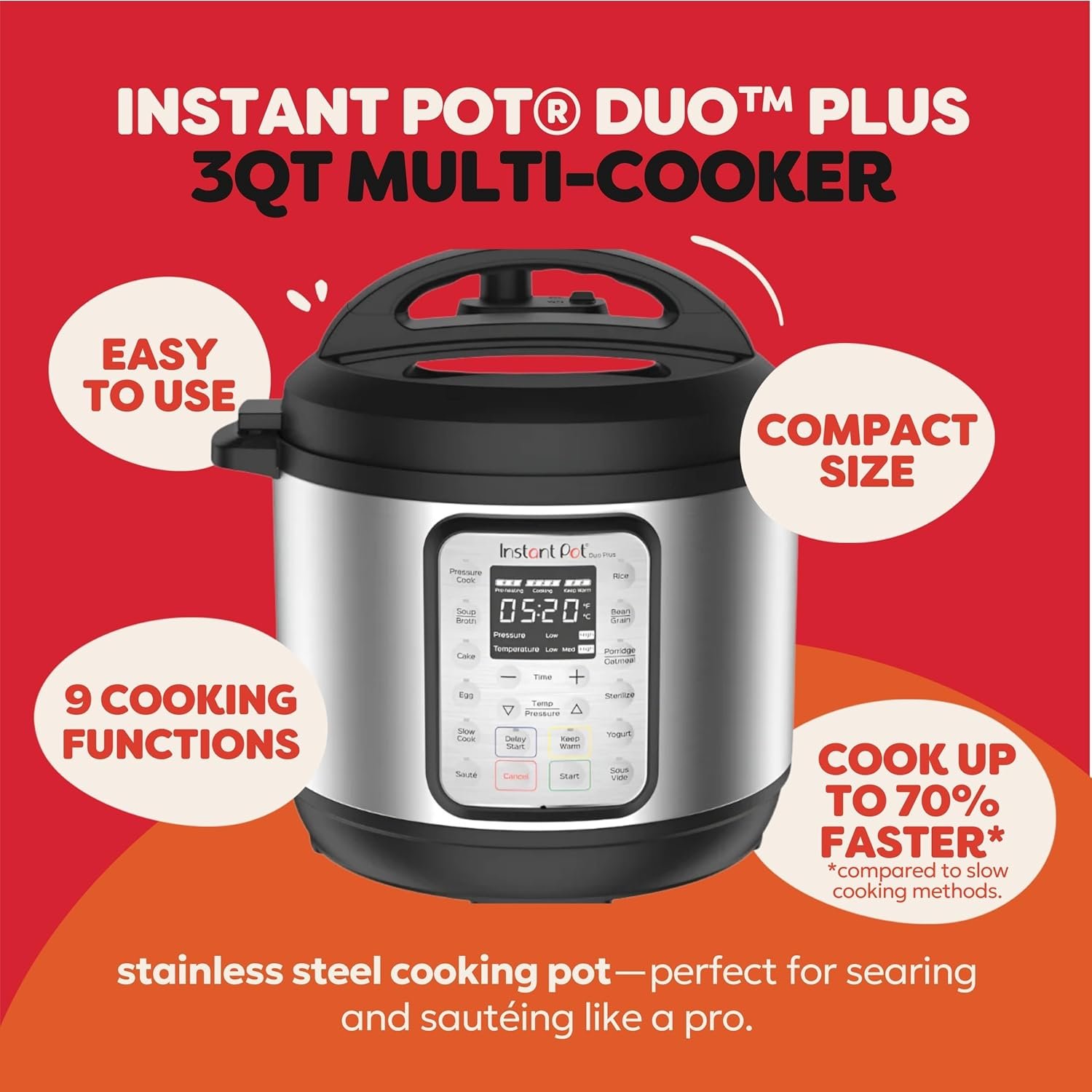 Instant Pot Duo Plus 9-in-1 Electric Pressure Cooker, Slow Cooker, Rice Cooker, Steamer, Sauté, Yogurt Maker, Warmer & Sterilizer, Includes App With Over 800 Recipes, Stainless Steel, 3 Quart - Image 3